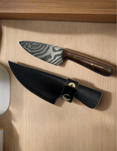 Load image into Gallery viewer, Damascus kitchen knife with leather sheath
