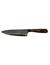 Load image into Gallery viewer, Blade in Stroud Damascus kitchen knife with leather sheath