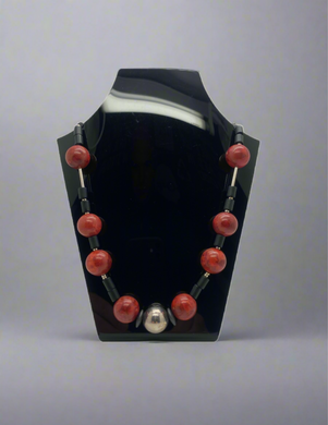 Jean French Onxy, coral and sterling silver necklace