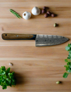 Blade in Stroud Damascus kitchen knife with leather sheath