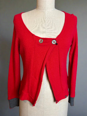 Nimpy Clothing upcycled 100% cashmere scarlet short cardigan small front 