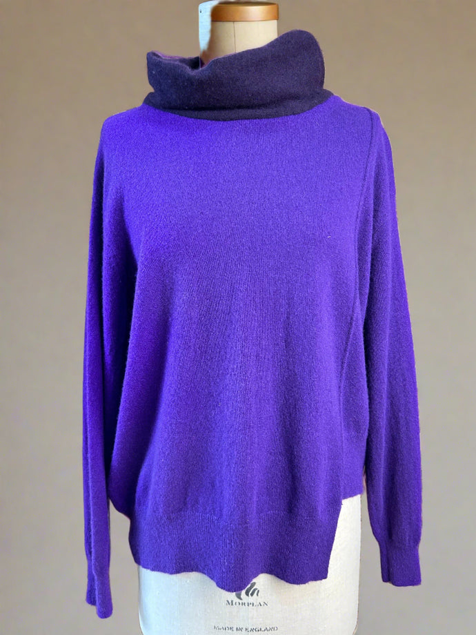 Nimpy Clothing upcycled 100% cashmere rich purple boxy jumper with snood collar large front 