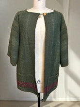 Load image into Gallery viewer, Tony Martin hand woven 100% green  shetland wool coat with claret and burgundy details