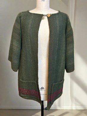 Tony Martin hand woven 100% green  shetland wool coat with claret and burgundy details