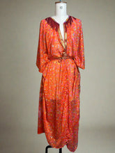 Load image into Gallery viewer, Nimpy Clothing upcycled saree open wrap kaftan throw over gold and orange wrap dress
