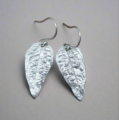 Jane Vernon Fine Silver small textured leaf earrings 