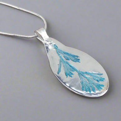 Jane Vernon Fine Silver and acrylic pendant, turquoise Californian poppy leaf 