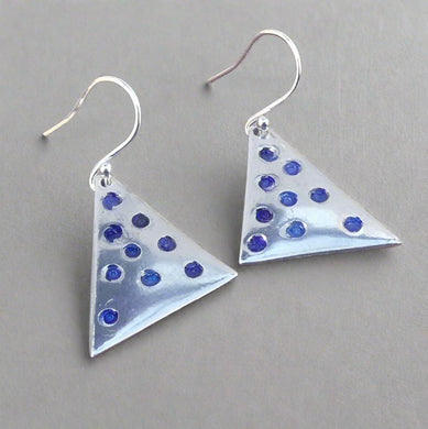 Jane Vernon Fine Silver and acrylic triangle earrings with blue dots