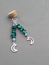 Load image into Gallery viewer, Malachite and crystal earrings with moon detail by JENNY11