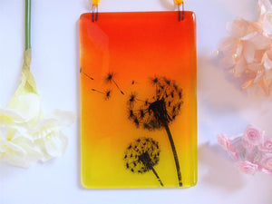 EvaGlass Design Orange and yellow dandelion fused glass suncatcher