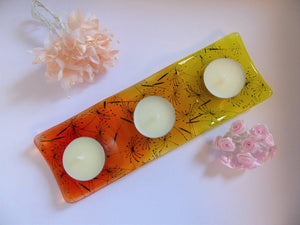 Eva Glass Design Orange and yellow dandelion fused glass tea light holder 