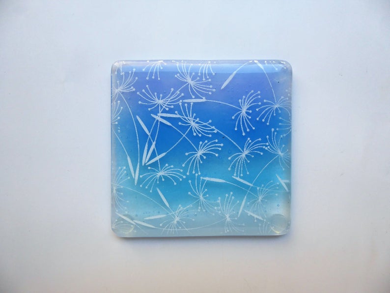 Eva Glass Design Blue and white dandelion clocks fused glass