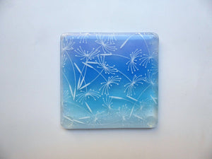 Eva Glass Design Blue and white dandelion clocks fused glass coaster