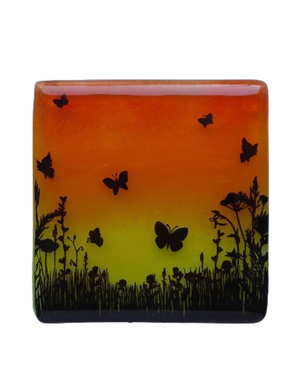 Eva Glass Design Orange and yellow butterfly meadow fused glass coaster (EGD  CBF)