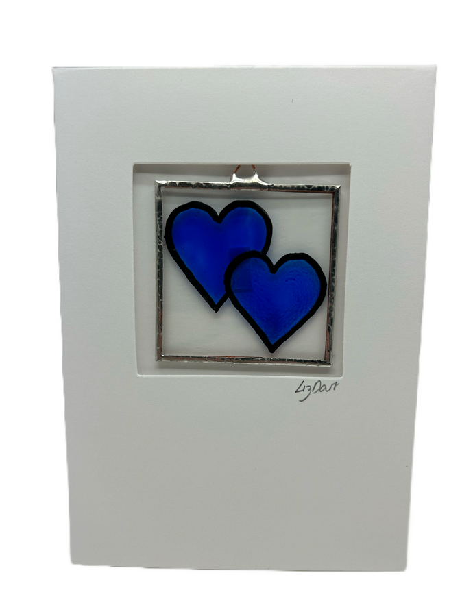 Liz Dart Stained Glass double Blue heart stained glass greetings card.(LD)