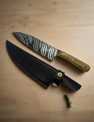 Blade in Stroud Damascus kitchen knife with leather sheath