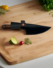 Load image into Gallery viewer, Blade in Stroud Damascus kitchen knife with leather sheath