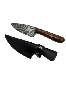 Damascus kitchen knife with leather sheath