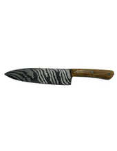 Load image into Gallery viewer, Blade in Stroud Damascus kitchen knife with leather sheath