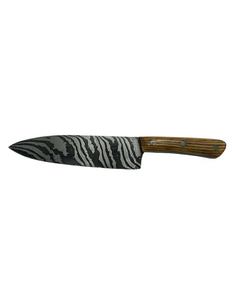 Blade in Stroud Damascus kitchen knife with leather sheath