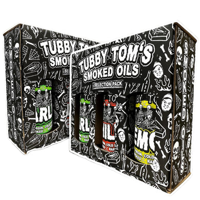 Tubby Tom's Smoked Oils packaging on a camouflage background