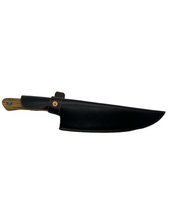 Load image into Gallery viewer, Blade in Stroud Damascus kitchen knife with leather sheath