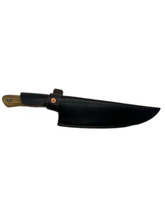 Blade in Stroud Damascus kitchen knife with leather sheath