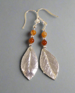 Jane Vernon Fine silver escallonia leaf earrings with agate and silver beads A49