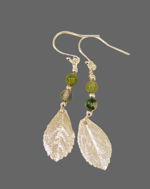 Jane Vernon Fine silver escallonia leaf earrings with malachite and silver beads, approx 43mm long on sterling silver earwires