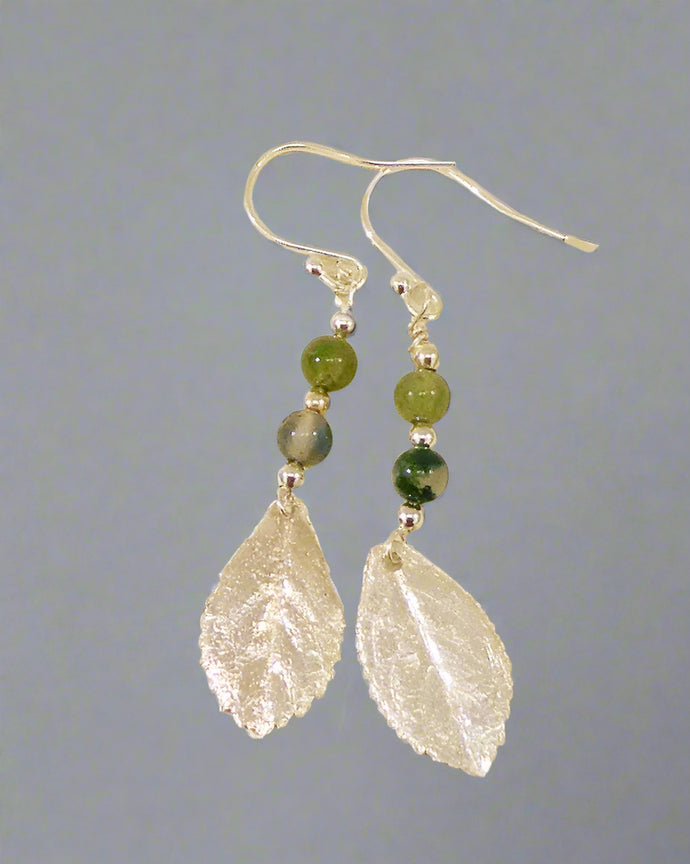 Jane Vernon Fine silver escallonia leaf earrings with malachite and silver beads, approx 43mm long on sterling silver earwires