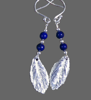 Jane Vernon Fine silver escallonia leaf earrings with lapis lazuli  and silver beads, approx 43mm long on sterling silver earwires (JV A71)