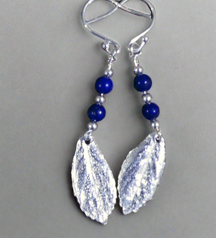Jane Vernon Fine silver escallonia leaf earrings with lapis lazuli 