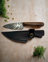 Load image into Gallery viewer, Blade in Stroud Damascus kitchen knife with leather sheath