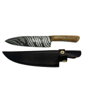 Load image into Gallery viewer, Blade in Stroud Damascus kitchen knife with leather sheath