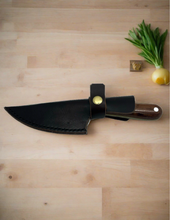 Load image into Gallery viewer, Blade in Stroud Damascus kitchen knife with leather sheath