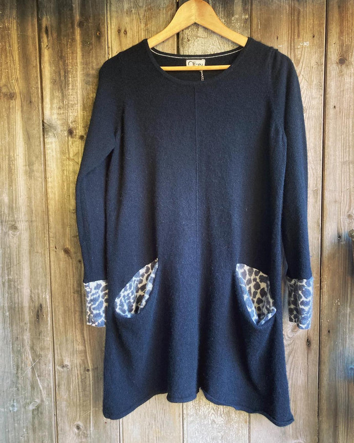 Nimpy clothing Upcycled 100% cashmere long black pocket jumper leopard print cuffs