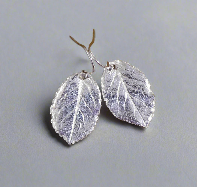 Jane Vernon Fine silver small rose leaf earrings