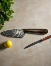 Load image into Gallery viewer, Blade in Stroud Damascus kitchen knife with leather sheath