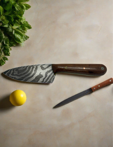 Blade in Stroud Damascus kitchen knife with leather sheath