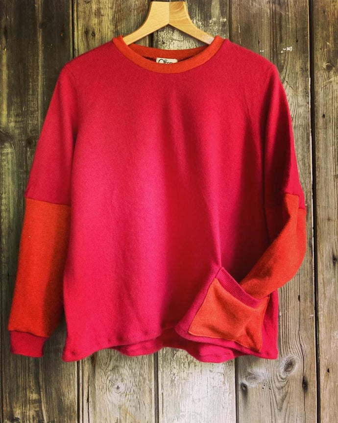Nimpy Clothing Upcycled 100% cashmere cherry and orange boxy pocket jumper medium (Nimpy)