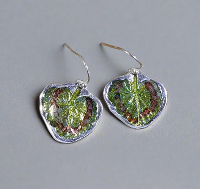 Jane Vernon Fine silver earrings with geranium leaf impression and colour
