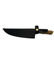 Blade in Stroud Damascus kitchen knife with leather sheath