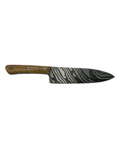 Load image into Gallery viewer, Blade in Stroud Damascus kitchen knife with leather sheath