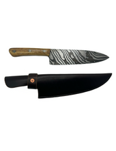 Load image into Gallery viewer, Blade in Stroud Damascus kitchen knife with leather sheath