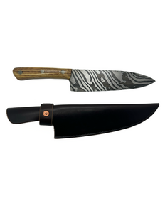 Blade in Stroud Damascus kitchen knife with leather sheath