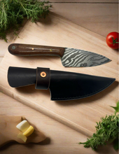 Load image into Gallery viewer, Blade in Stroud Damascus kitchen knife with leather sheath