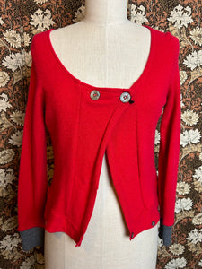 Nimpy Clothing upcycled 100% cashmere scarlet short cardigan small front 