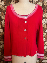 Load image into Gallery viewer, Nimpy Clothing upcycled 100% cashmere scarlet and pink stripes cardigan medium front 