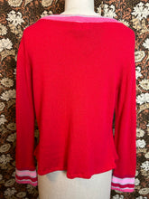 Load image into Gallery viewer, Nimpy Clothing upcycled 100% cashmere scarlet and pink stripes cardigan medium back 