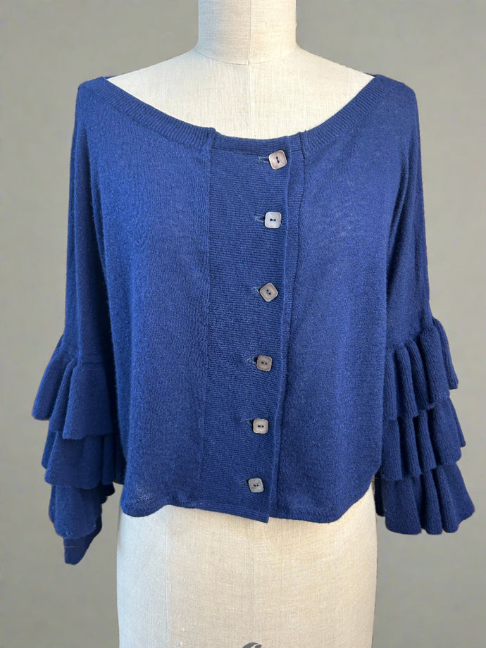 Nimpy Clothing upcycled 100% cashmere navy ruffles sleeves short cardigan small/medium front 